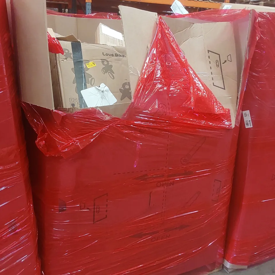 PALLET CONTAINING A VERY LARGE QUANTITY OF ASSORTED ITEMS INCLUDING: HEDGE TRIMMER, KIDS BIKE, PATIO HEATER ECT
