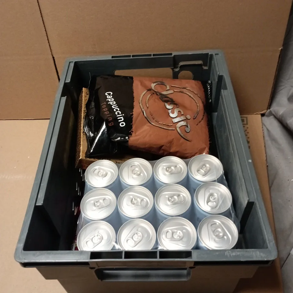 TOTE OF APPROXIMATELY 20 ASSORTED FOOD/DRINK ITEMS TO INCLUDE TRIP 12 PACK APPLE BLOSSOM, HOLDSWORTH CHOCOLATES, CLASSIC CAPPUCCINO TOPPING, MILKY BAR, CHEDDAR SLICES ETC