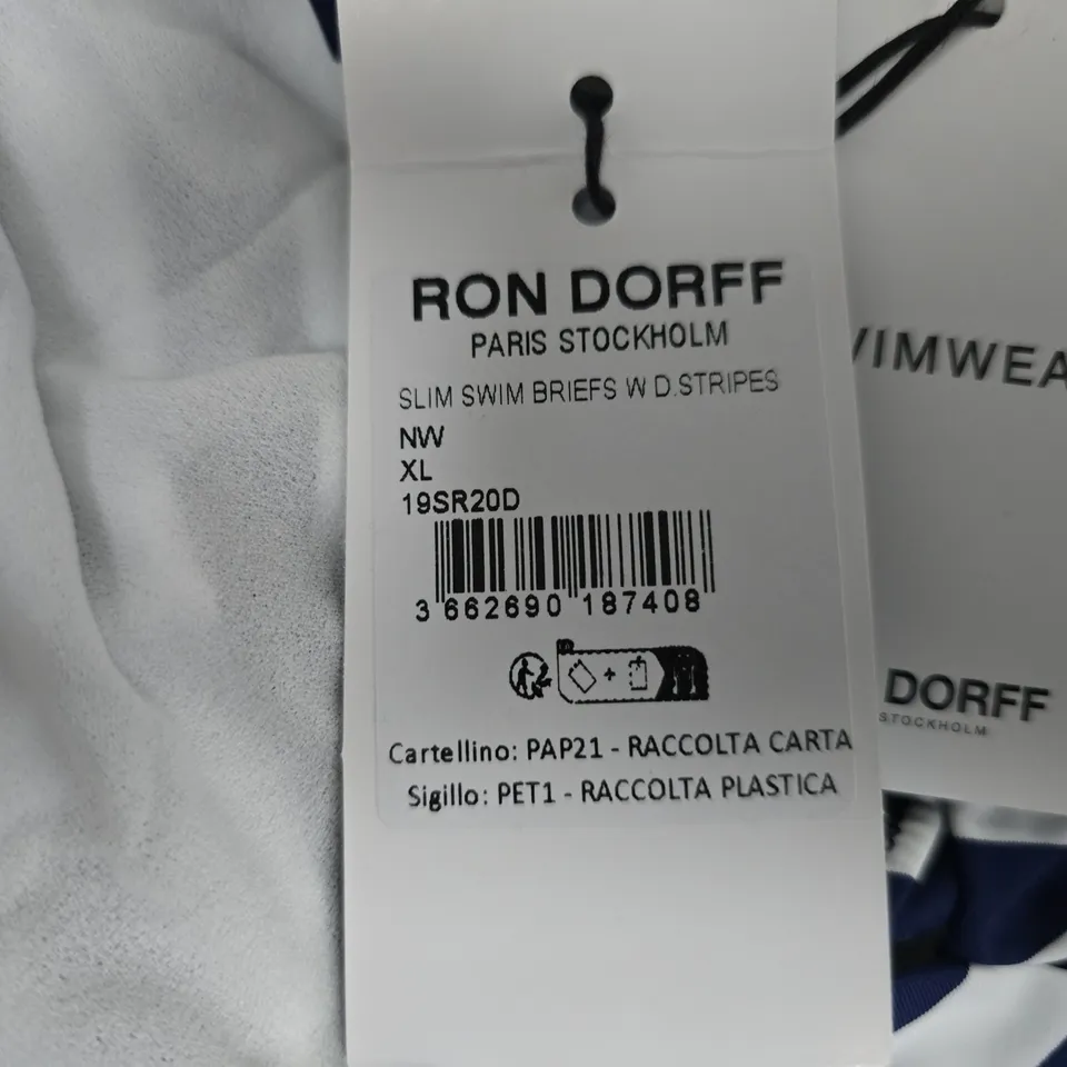 RON DORFF SLIM SWIM BRIEFS – NAVY & WHITE STRIPES, XL