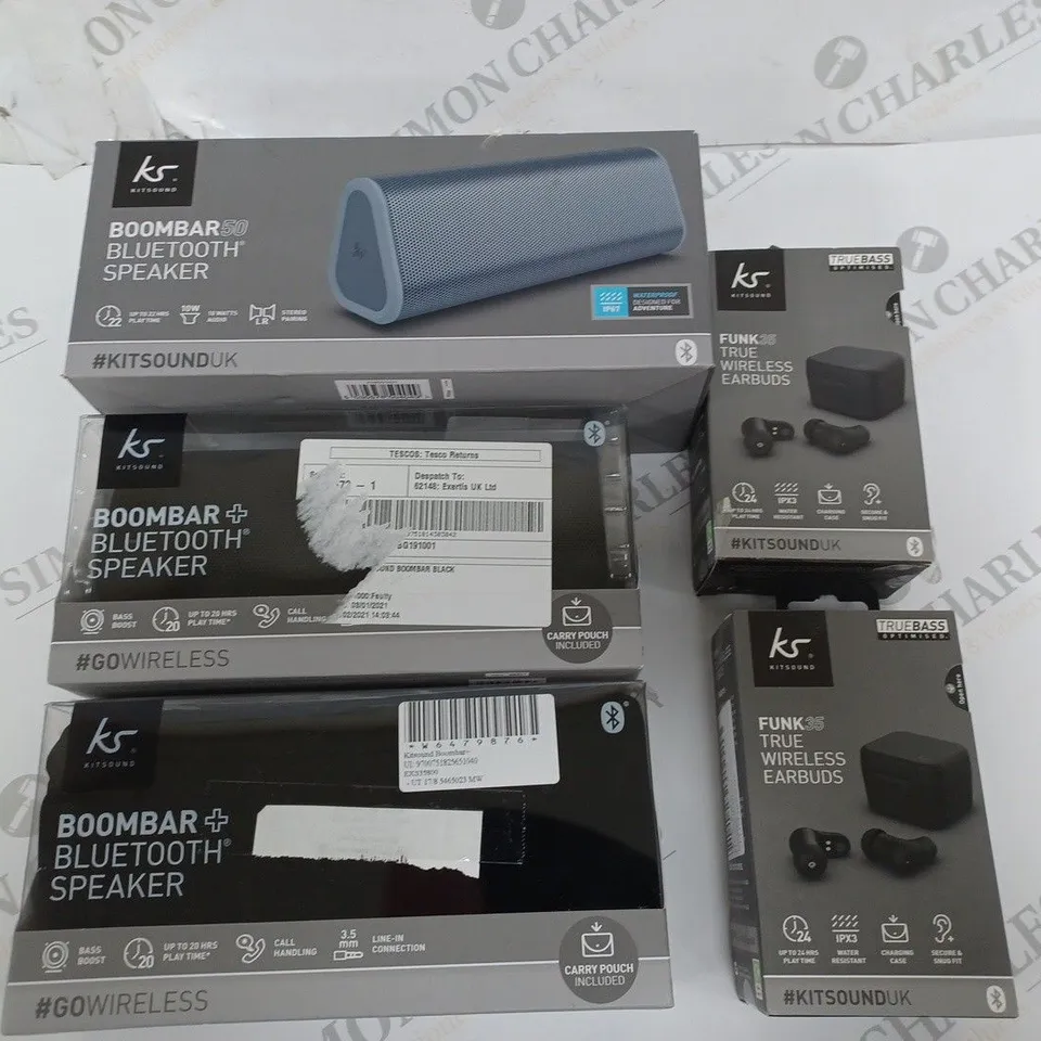 LOT OF 5 ASSORTED KITSOUND AUDIO ITEMS TO INCLUDE EARBUDS AND BLUETOOTH SPEAKERS