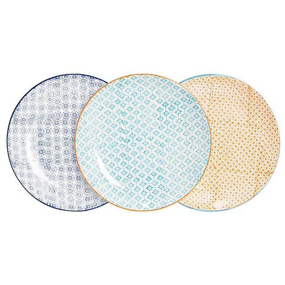 BOXED NICOLA SPRING HAND - PRINTED DINNER PLATES - 25.5CM - 3 COLOURS 