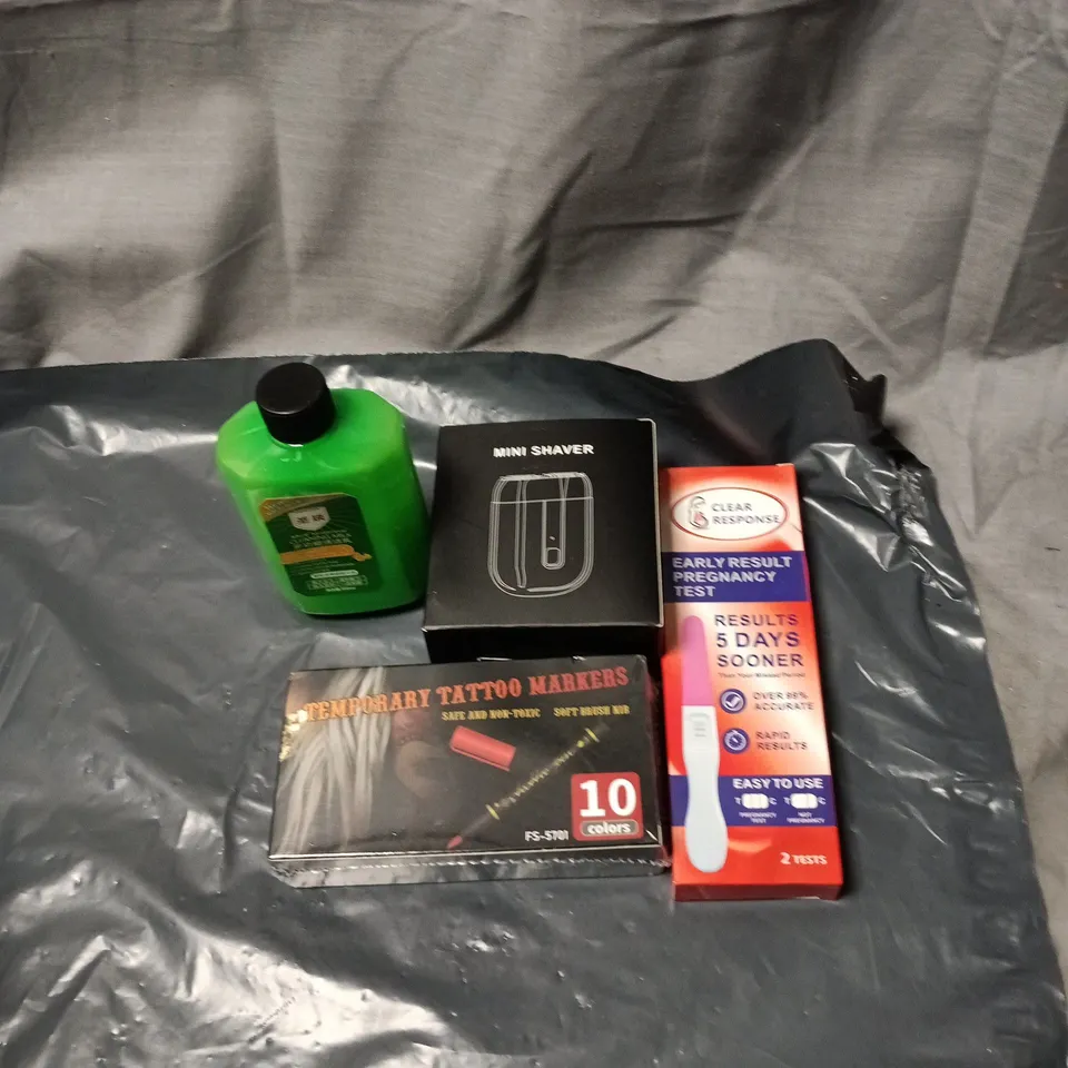 APPROXIMATELY 15 ASSORTED COSMETIC ITEMS INCLUDING EARLY PREGNANCY TEST KIT, MINI SHAVER, TEMPORARY TATTOO MARKERS, CLEANSING MILK ETC