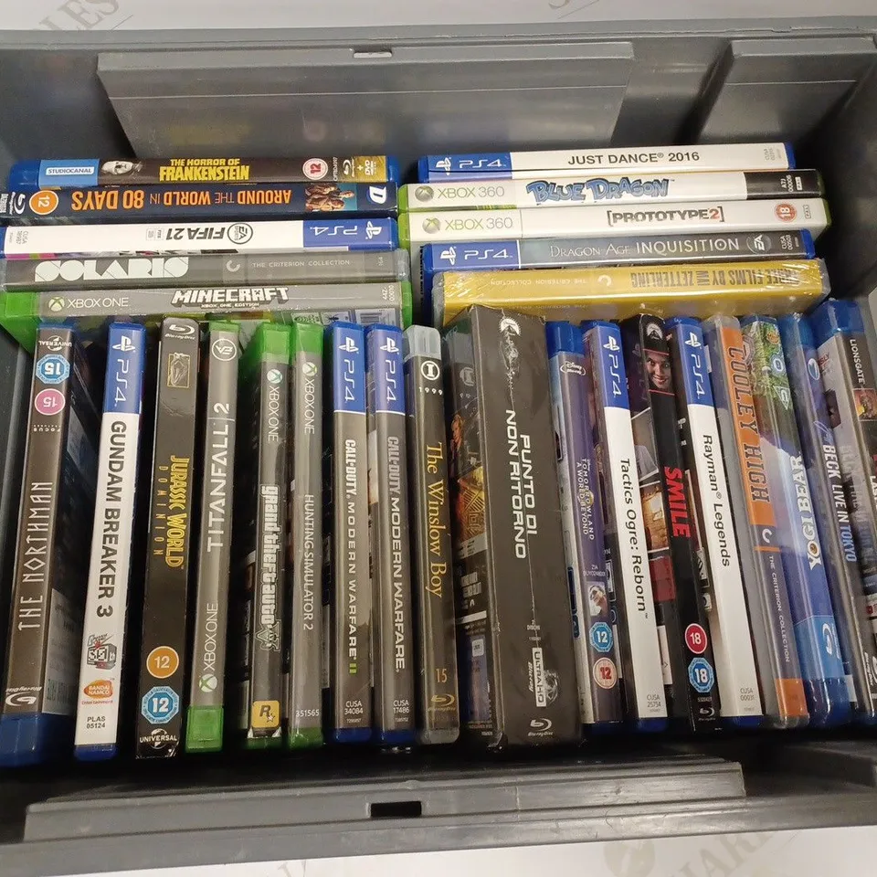 BOX OF APPROX 25 ASSORTED DVDS AND GAMES FOR XBOX ONE AND PS4 - INCLUDING RAYMAN, SMILE, FIFA 2021