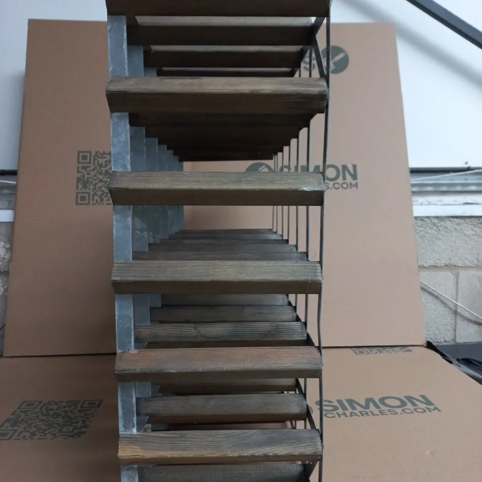 WINE RACK WITH A LIKELY 42-BOTTLE CAPACITY UNIT WITH WEATHERED WOOD AND RIVETED METAL FRAME