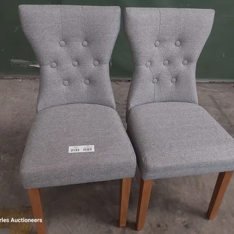 PAIR OF UPHOLSTERED BUTTONED BACK DINING CHAIRS GREY FABRIC ON NATURAL WOOD LEGS 