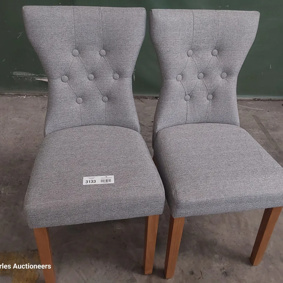 PAIR OF UPHOLSTERED BUTTONED BACK DINING CHAIRS GREY FABRIC ON NATURAL WOOD LEGS 