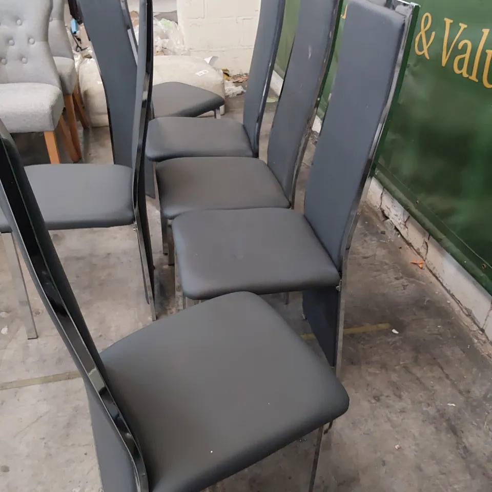 SET OF SIX UPHOLSTERED HIGH BACK DINING CHAIRS GREY PU, CHROME FRAMES