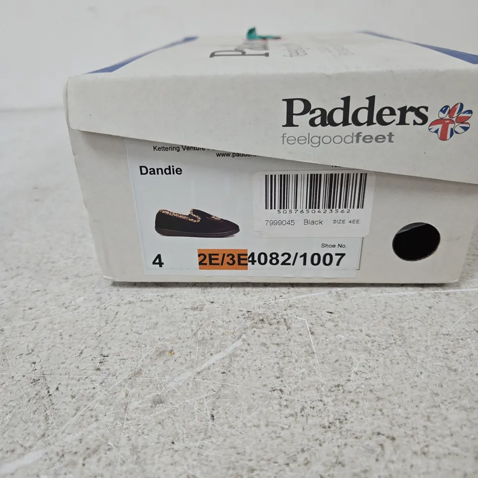 PADDERS DANDIE SLIPPERS – BLACK WITH LEOPARD PRINT TRIM, UK 4 (4EE WIDTH)