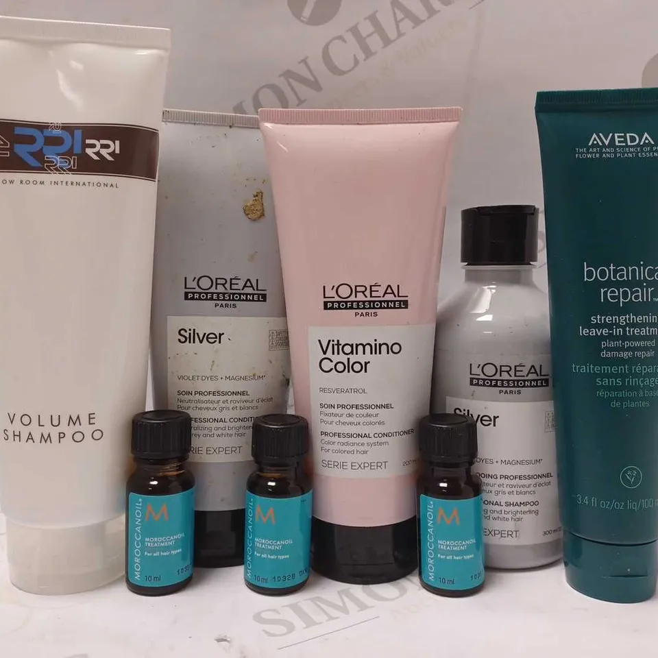 lot of approx 6 ASSORTED HAIRCARE PRODUCTS TO INCLUDE L'OREAL SILVER CONDITIONER, MOROCCANLOIL TREATMENT, AVEDA BOTANICAL REPAIR LEAVE-IN TREATMENT, ETC 