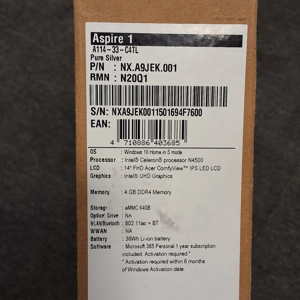 BOXED ACER ASPIRE 1 INTEL LAPTOP IN SILVER 