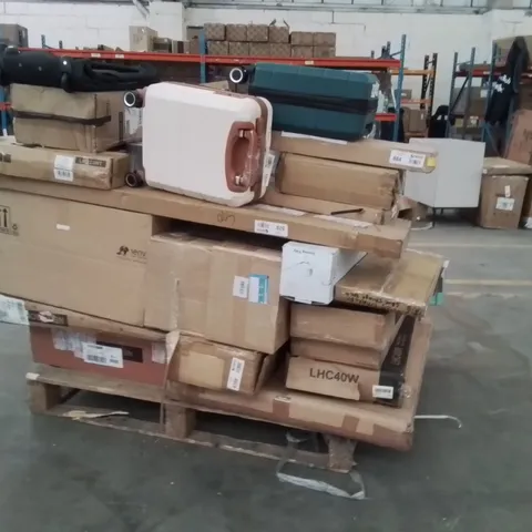PALLET OF ASSORTED HOUSEHOLD GOODS AND PRODUCTS TO INCLUDE;MASSAGER,HEATER,KETTLE,SUITCASES,STEAM MOP,MAKEUP ORGANISER 