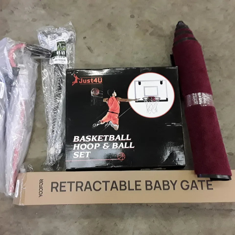 PALLET OF ASSORTED PRODUCTS INCLUDING RETRACTABLE BABY GATE, BASKETBALL SET, FLOOR MAT, WALKING STICKS, YOGA MAT