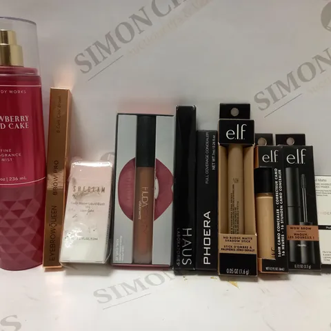 LOT OF APPROX 10 ASSORTED MAKEUP PRODUCTS TO INCLUDE STRAWBERRY POUNDCAKE FRAGRANCE MIST, HUDA LIQUID LIPSTICK, E.L.F CAMO CONCEALER, ETC