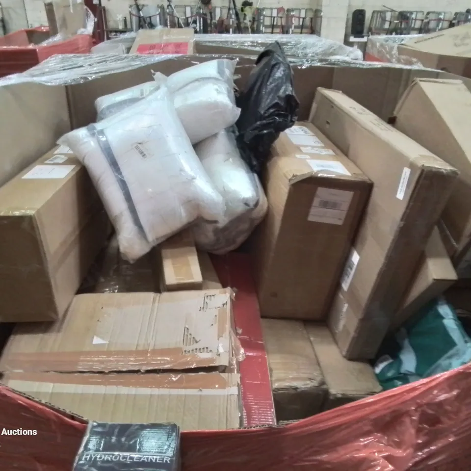 PALLET CONTAINING VARIOUS ASSORTED BOXED HOUSEHOLD ITEMS TO INCLUDE: SMART AIR FRYER, HEATED THROW, BABY HIGH CHAIR,  HEAVY DUTY CLOTHES RACK AND LOTS MORE UNMARKED BOXED ITEMS 