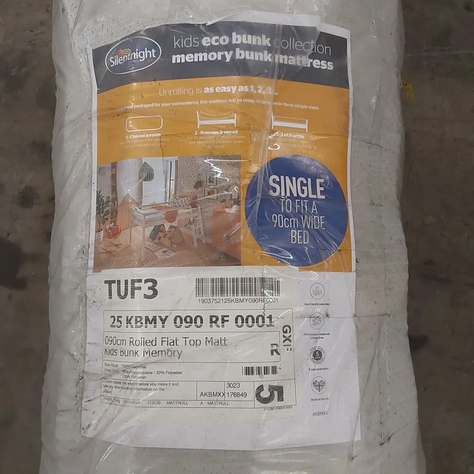 QUALITY BAGGED AND ROLLED SILENTNIGHT KIDS ECO BUNK FLAT TOP BUNK 90cm SINGLE MATTRESS