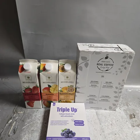 APPROXIMATELY 7 ASSORTED FOOD &DRINK ITEMS TO INCLUDE - TRIPLE UP, MIXOLOGI AND REAL COFFEE - COLLECTION ONLY 