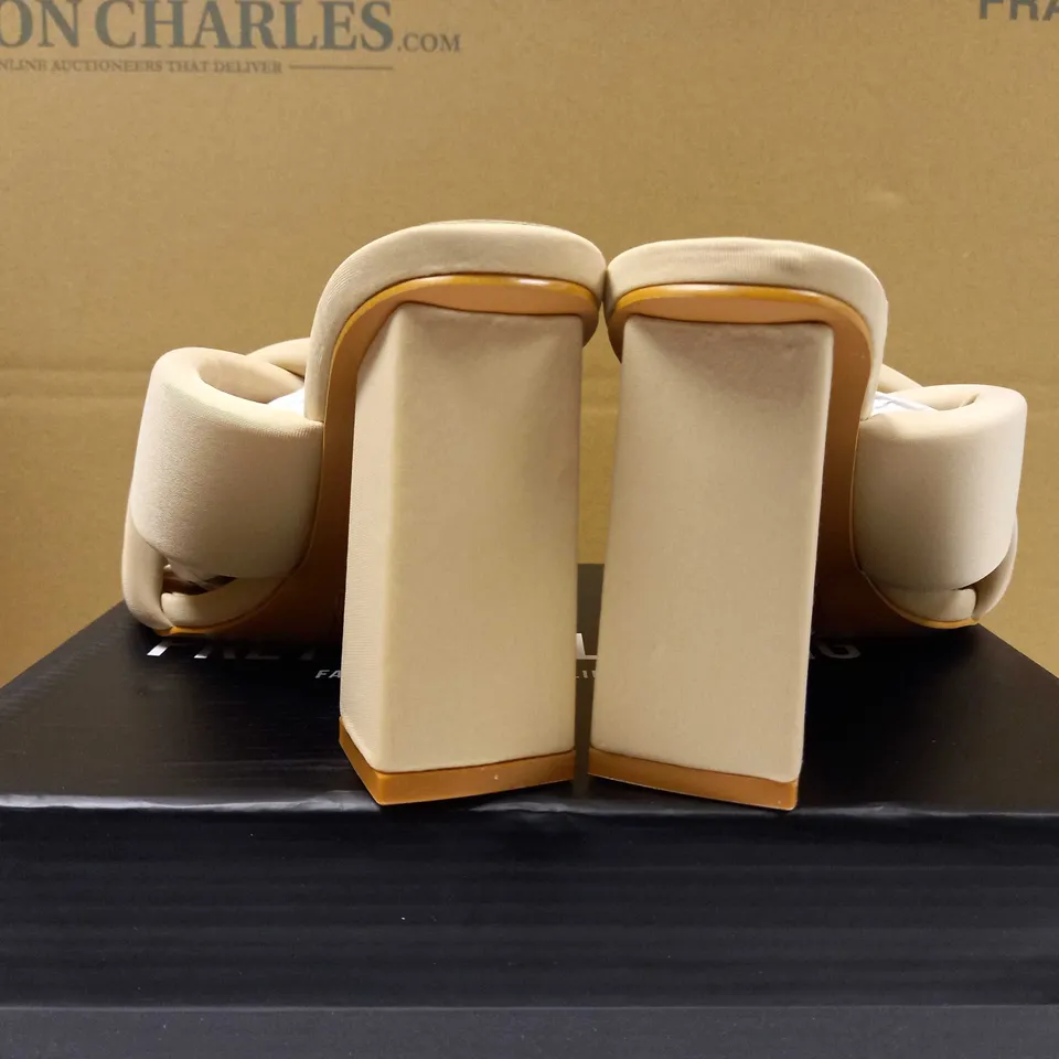 BOXED PAIR OF PLT BEIGE TOE QUILTED BLOCK HEEL MULES - SIZE 6