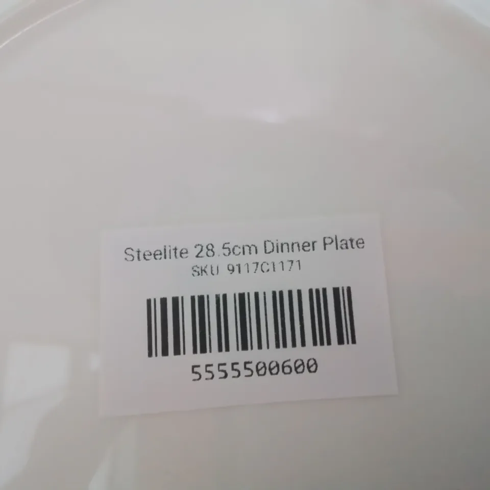 BOX OF STEELITE WHITE CROCKERY INCLUDING, 10 × 28.5cm DINNER PLATES, 4 × 30cm DINNER PLATES, 6 × 15cm SAUCERS & RECTANGULAR PLATTER