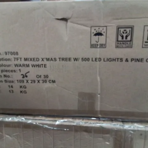 BOXED BRAVICH 7FT MIXED CHRISTMAS TREE WITH 500 LED LIGHTS AND PINE CONES WARM WHITE