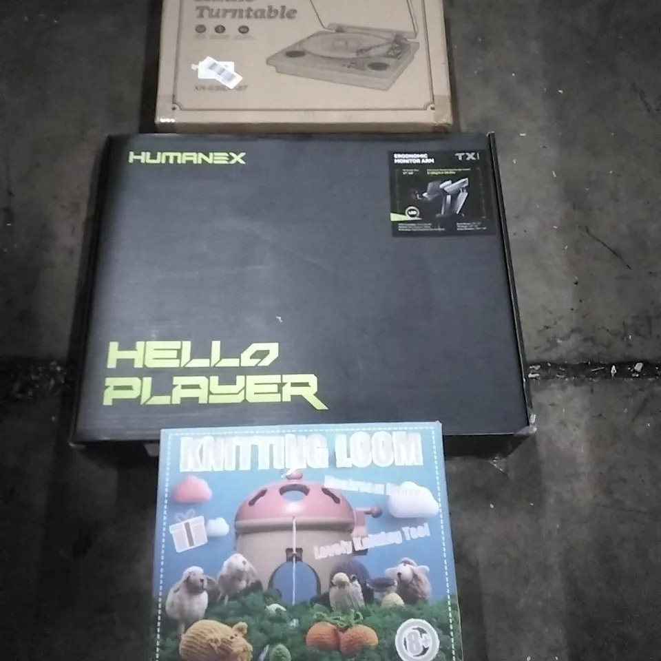 PALLET OF HOUSEHOLD ITEMS TO INCLUDE AUDIO TURNTABLE, ERGONOMIC MONITOR ARM,KNITTING LOOM,SLIMLINE HEATER AND OTHER ASSORTED ITEMS...