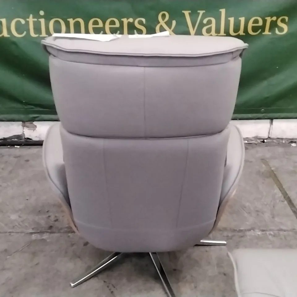 QUALITY BRITISH DESIGNER G PLAN MANUFACTURED MANUAL RECLINER CHAIR AND FOOTSTOOL - CAMBRIDGE GREY LEATHER 