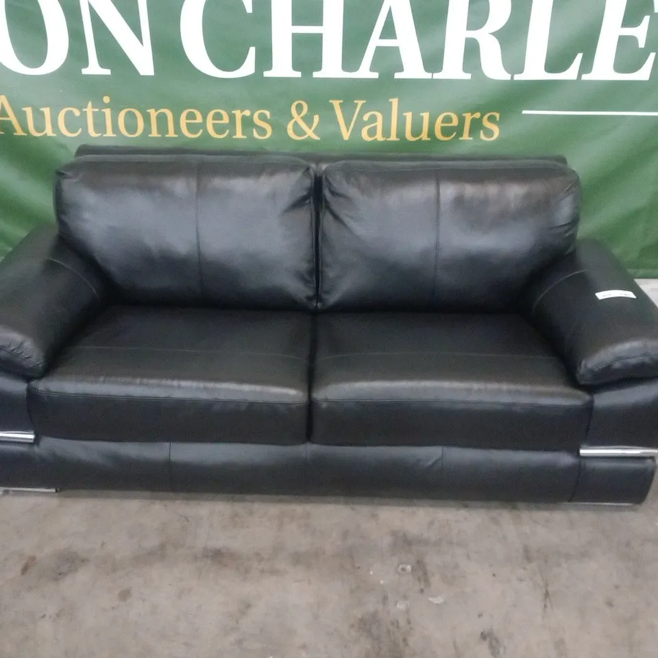 DESIGNER BLACK FAUX LEATHER THREE SEATER SOFA WITH CHROME DETAIL