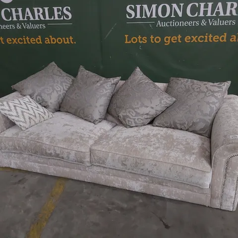 DESIGNER THREE SEATER SCROLL ARM SOFA WITH SCATTER CUSHIONS SILVER FABRIC & STUDDED DETAIL