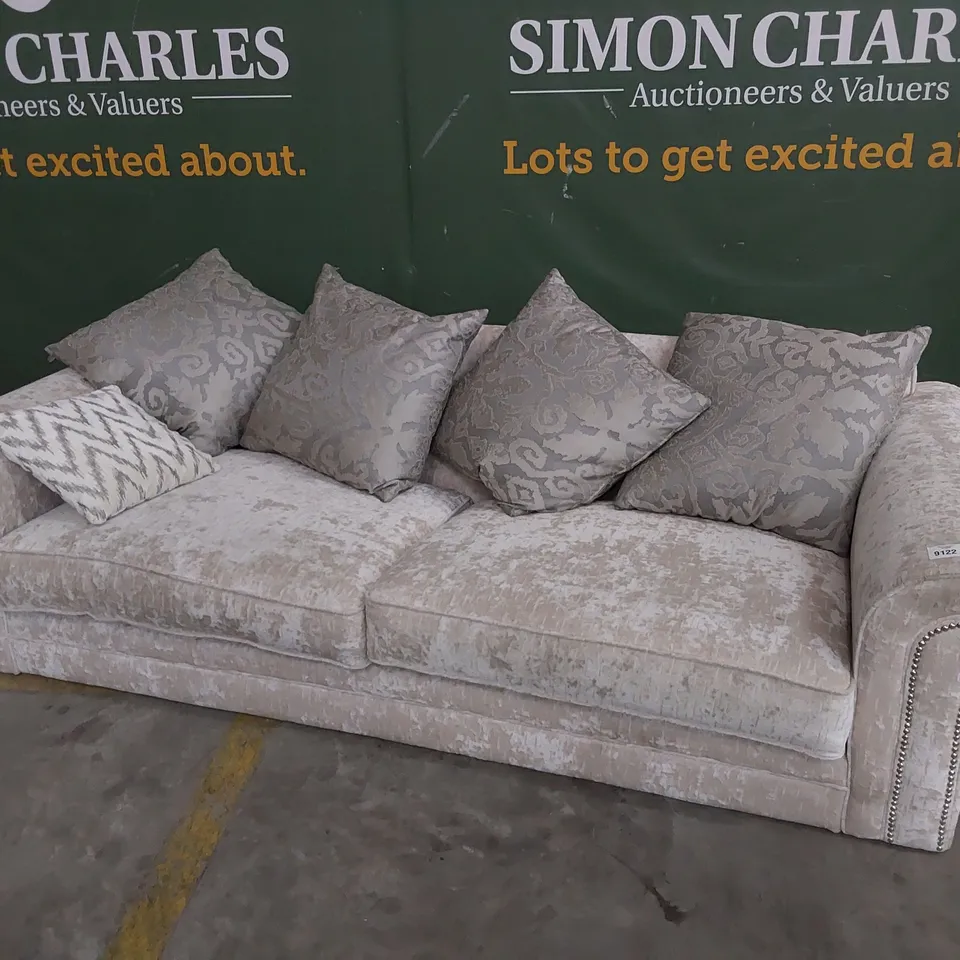 DESIGNER THREE SEATER SCROLL ARM SOFA WITH SCATTER CUSHIONS SILVER FABRIC & STUDDED DETAIL