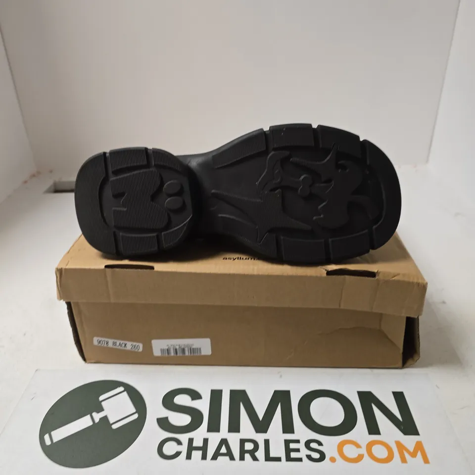 BOXED PAIR OF ASYLLUM SHOES IN BLACK - SIZE UNSPECIFIED