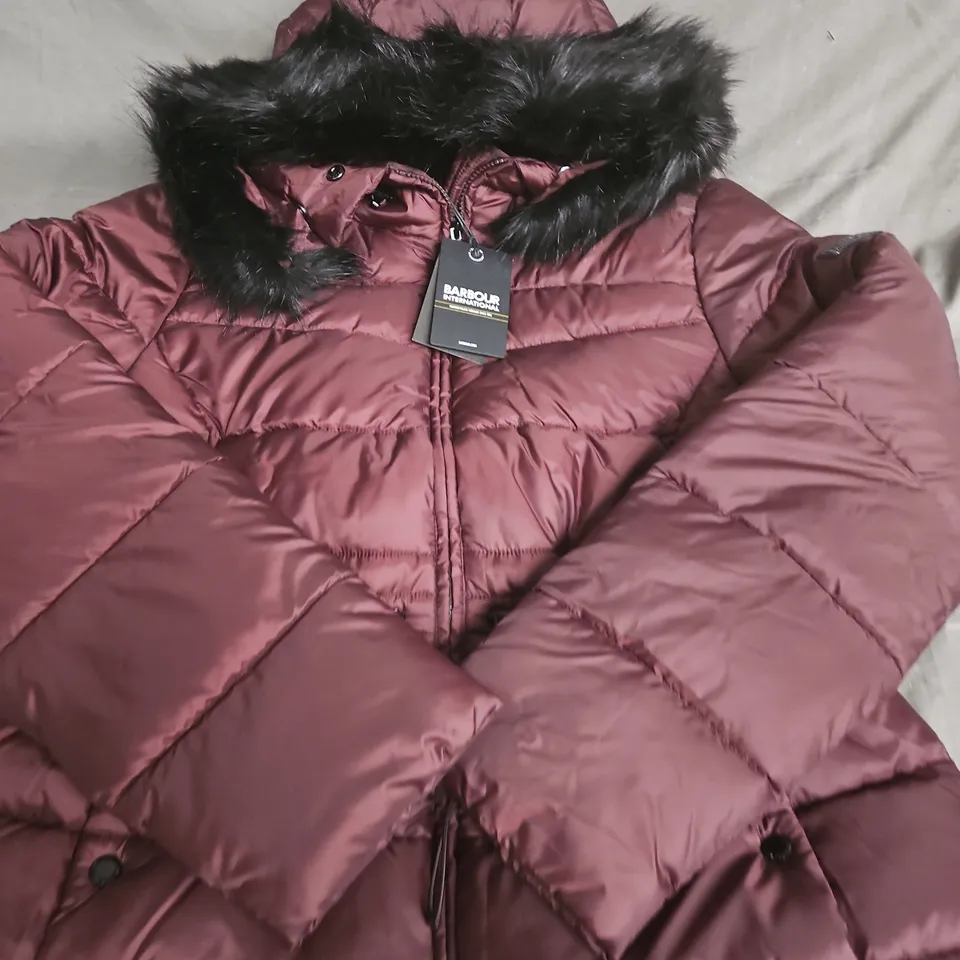 BARBOUR INTERNATIONAL FIBRE DOWN PUFFER JACKET – BURGUNDY, UK SIZE 16 - WOMENS 