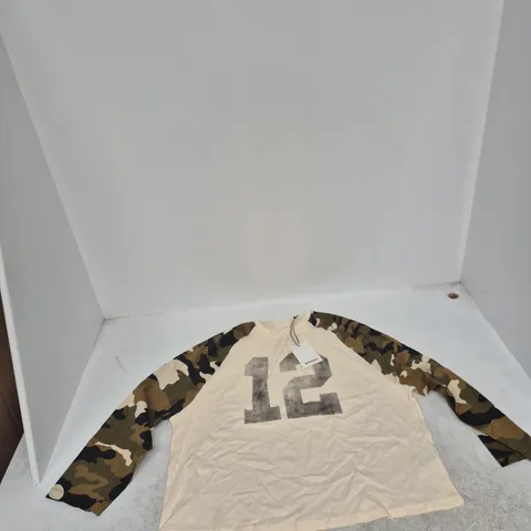 BERSHKA RAGLAN SLEEVE TOP β BEIGE BODY WITH CAMO SLEEVES, UK L