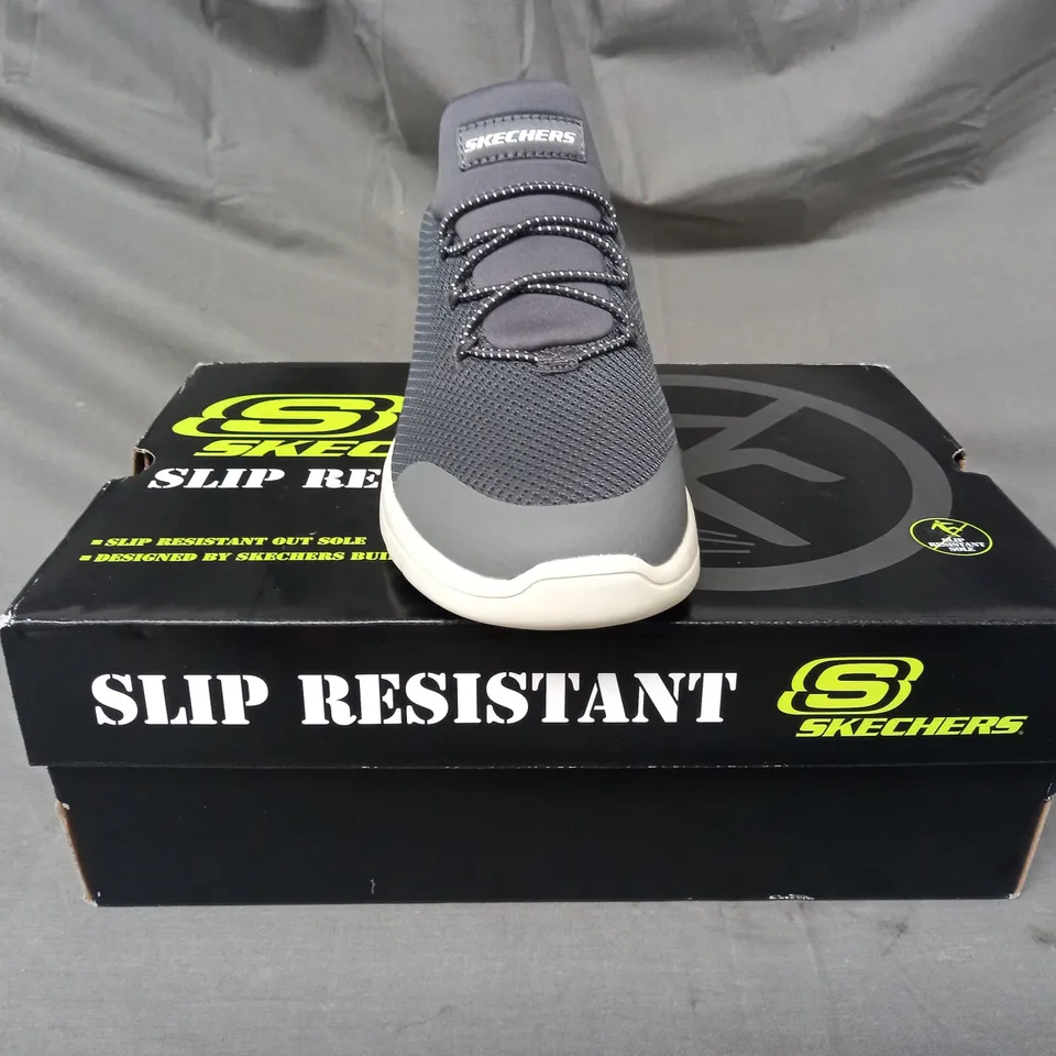 BOXED PAIR OF SKECHERS TRAINERS IN CHARCOAL SIZE 4