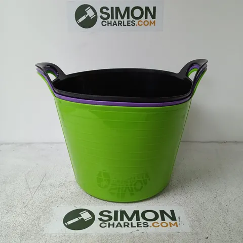 3 SPECTRAPLAST LARGE PLASTIC STORAGE TUBS IN BLACK/GREEN/PURPLE)
