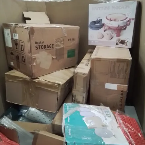 PALLET CONTAINING MIXED BOXED HOUSEHOLD ITEMS TO INCLUDE: LED CEILING LAMPS, BUCKET STORAGE RACKS, KNITTING MACHINE AND LOTS MORE UNMARKED BOXED ITEMS 