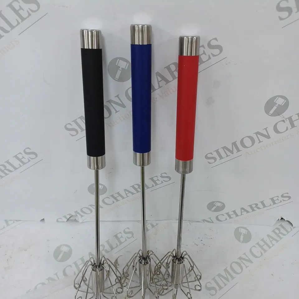 3 BOXED PIRANHA WHIZZY WHISKS IN ASSORTED COLOURS 