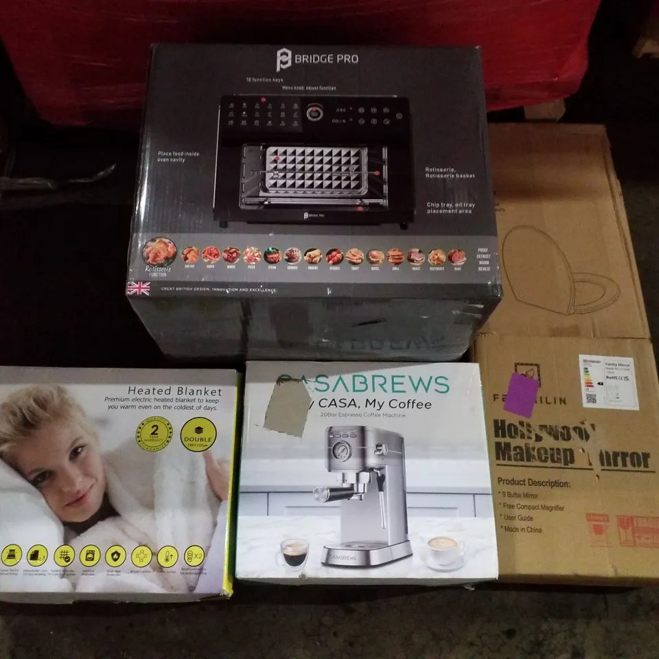 PALLET CONTAINING ASSORTED PRODUCTS INCLUDING AIR FRYER OVEN, HEATED THROW, HOLLYWOOD  MAKEUP MIRROR, TOILET SEAT, ESPRESSO COFFEE MACHINE 