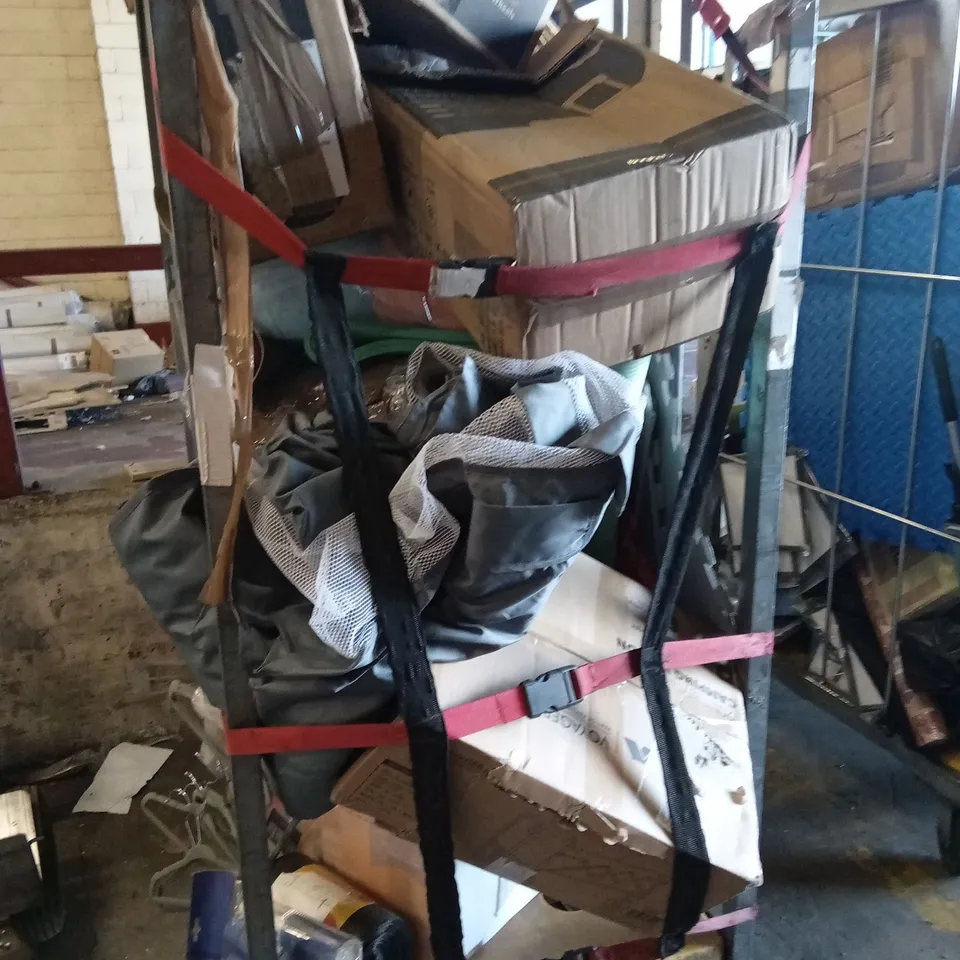CAGE OF ASSORTED HOUSEHOLD GOODS AND PRODUCTS TO INCLUDE; SUITCASE, FOAM MATS, CAMPING WAGON 120L, PLAYPEN