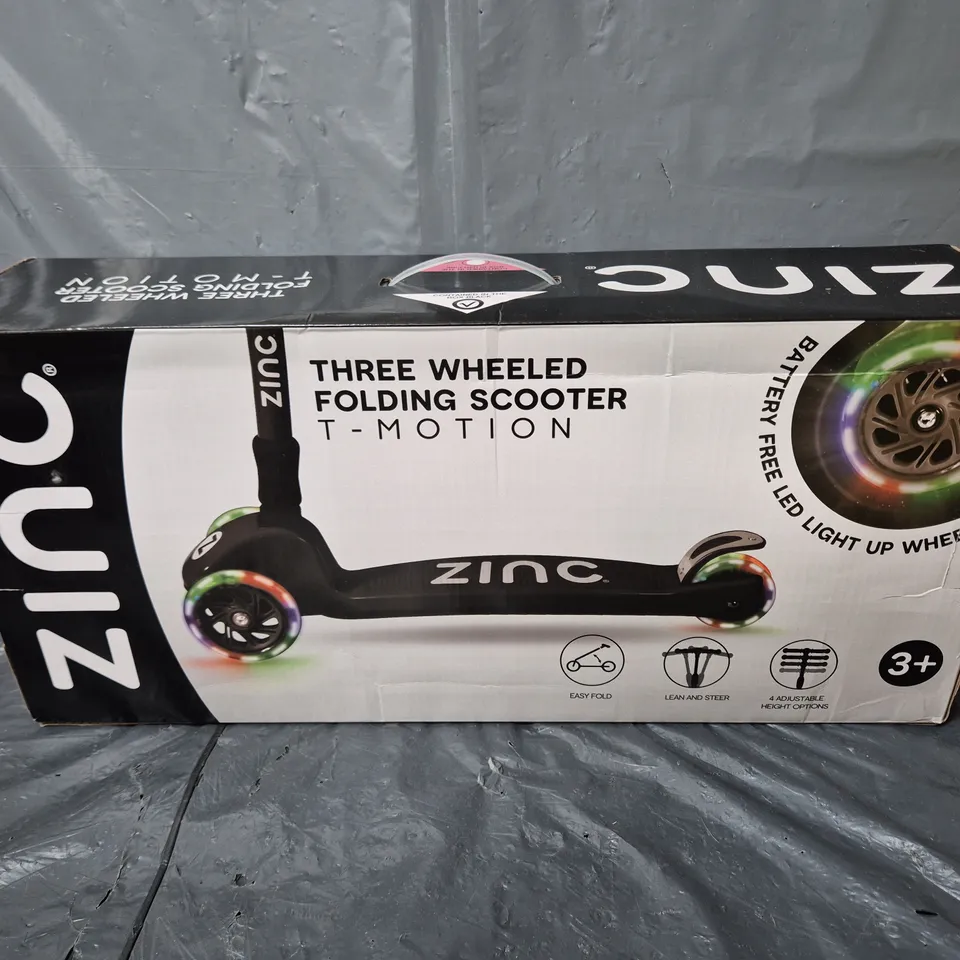 BOXED ZINC THREE WHEELED FOLDING T-MOTION SCOOTER
