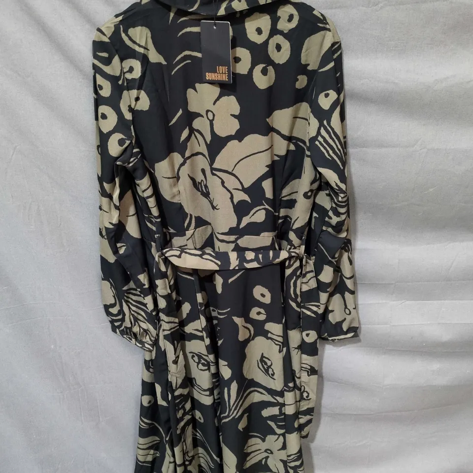 LOVE SUNSHINE WOMEN'S MAXI DRESS – BLACK & BEIGE FLORAL CAMOUFLAGE PRINT, COLLARED, WAIST BELT, UK SIZE 12