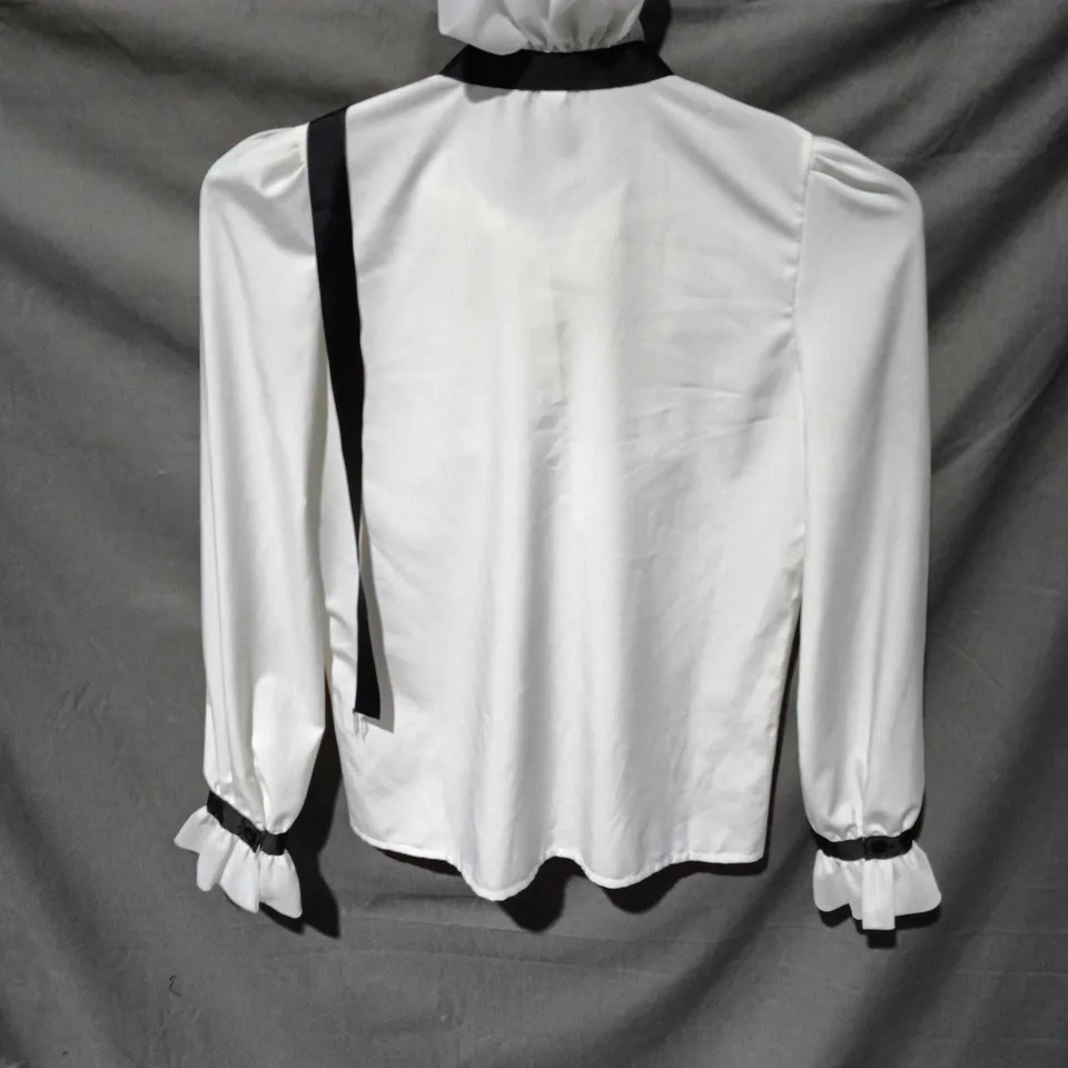 WOMEN'S WHITE BLOUSE WITH RUFFLED FRONT AND RIBBON TIE SIZE UKNOWN