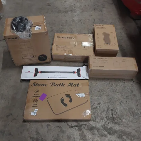PALLET OF ASSORTED ITEMS INCLUDING: FULL-SIZE FOOD PROCESSOR, GOVEELIFE SMART HEATER, TABLETOP FIRE PIT, DOG CAR SEAT, PULL-UP BAR, STONE BATH MAT ECT