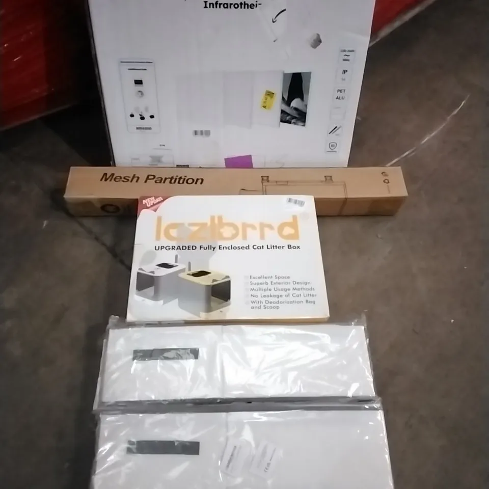 PALLET OF HOUSEHOLD ITEMS TO INCLUDE INFRARED HEATING PANEL,MESH PARTITION, CAT LITTER BOX, DRAWER ORGANISERS AND OTHER ASSORTED ITEMS...