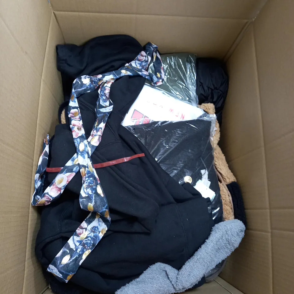 LARGE BOX OF ASSORTED CLOTHING ITEMS IN VARIOUS COLOURS AND SIZES INCLUDING TROUSERS , TOPS AND JUMPERS 