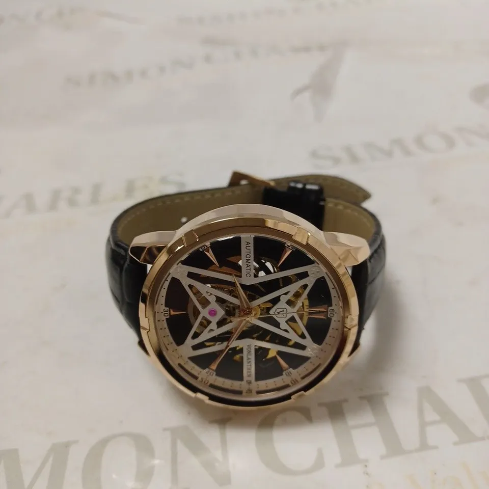 MENS VONLANTHEN AUTOMATIC SKELETON WATCH – V110 - GLASS EXHIBITION BACKCASE – BLACK LEATHER STRAP