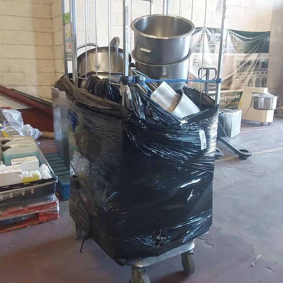 CAGE OF ASSORTED HOBART/CRYPTO BAKERY BOWLS, HOOKS, WHISKS AND BEATERS ECT // CAGE NOT INCLUDED