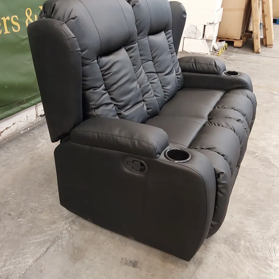 DESIGNER BLACK LEATHER 2-SEATER RECLINING SOFA WITH CUP HOLDERS 