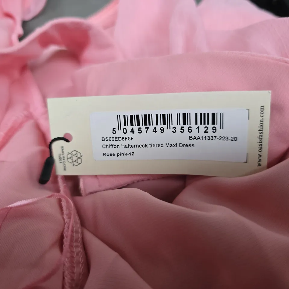 OASIS PINK CHIFFON HALTERNECK TIERED MAXI DRESS, WOMENS UK 12