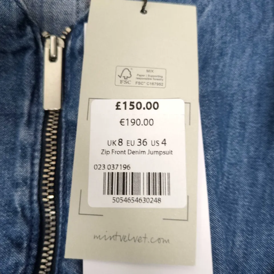 MINT VELVET ZIP FRONT DENIM JUMPSUIT – UK8 (EU36, US4)