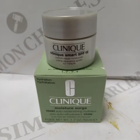 LOT OF 2 CLINIQUE PRODUCTS TO INCLUDE MOISTURE SURGE HYDRATOR 50ML & SMART CUSTOM REPAIR MOISTURISER 15ML