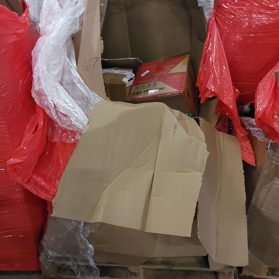 PALLET OF ASSORTED HOUSEHOLD ITEMS AND CONSUMER PRODUCTS. INCLUDES BOXED FURNITURE ETC